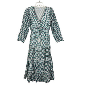 Mer St Barth Women’s Maxi Dress Green White Floral V-Neck Long Sleeve Boho Sz M